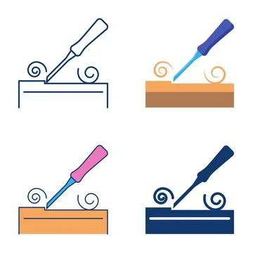 Wood chisel flat and line icon set Stock Illustration