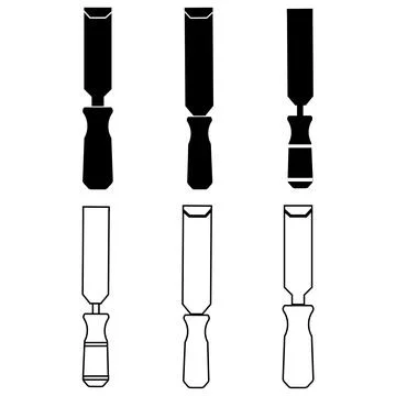 Wood chisel tools icon set featuring dual style line art and solid black gl.. 库存插图