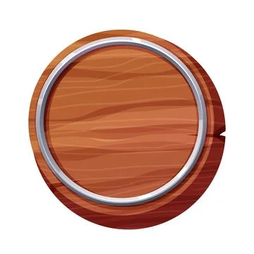 Wood circle panel with metal border, frame in cartoon style isolated on white Illustrazione stock