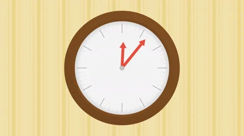 Wood clock on wall with stripped wallpaper with one hour passing Stock Footage 66196826