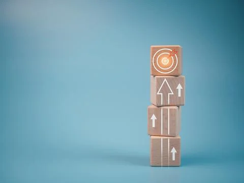 Wood cube block stacking with icon.Concept of business strategy and goal ac.. Stock Photos
