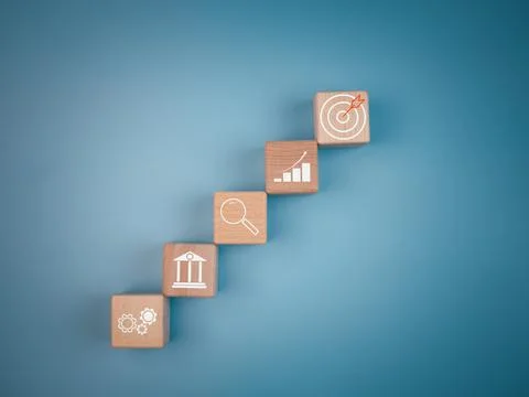 Wood cube block stacking with icon.Concept of business strategy and goal ac.. Stock Photos