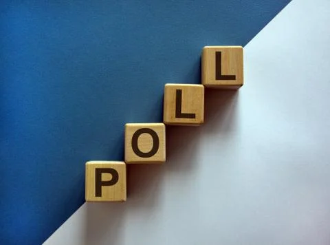 Wood cubes with word 'poll' stacking as step stair on paper blue and white ba Stock Photos