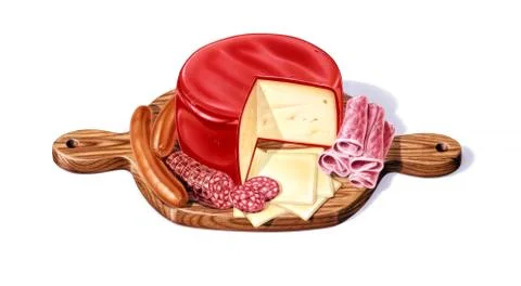 Wood Cutting board, with a selection of different cheeses, salami, ham and wu Stock Illustration