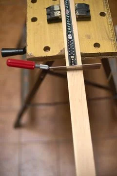 Wood cutting process in workshop Stock Photos