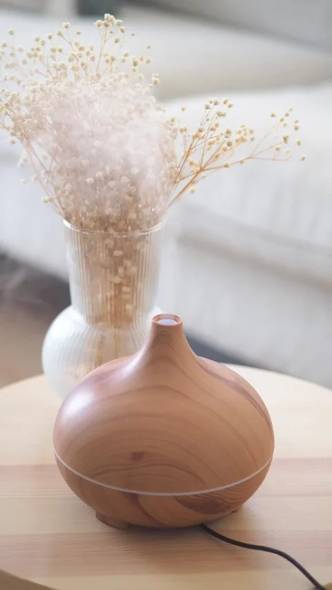 Wood diffuser releases mist in a modern living room Stock Footage 329736117