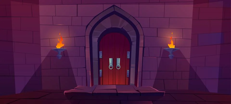 Wood door in medieval castle or dungeon Stock Illustration