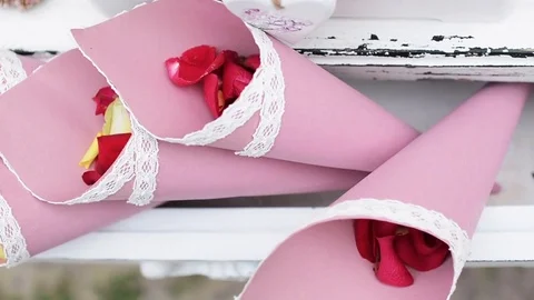 Wood Drawer with Envelopes Full of Red Petals. Decoration for Wedding Ceremony 스톡 동영상 70986789