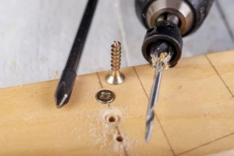 Wood drill bit with adjustable countersink. Carpentry accessories in the work Stock Photos