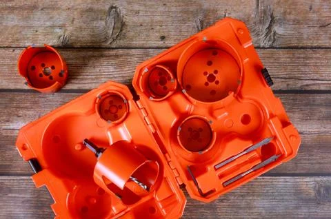 Wood drilling tool set for making big holes accessories for work Stock Photos