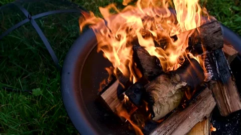 Wood Fire Burning with Bright Flames in Outdoor Metal Fire Pit on Green Grass Stock Footage 345171824