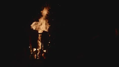 Wood fire burning in an iron support on the vertical in the darkness of the Stock Footage 146542998