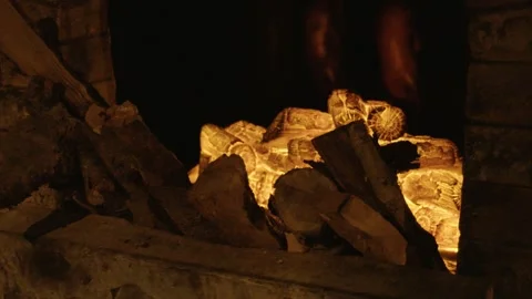 Wood Fire Burning in Restaurant Oven for Cooking, Beijing, China Interior Scene Stock Footage 345763558