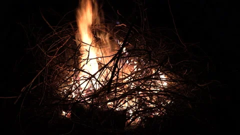 Wood fire, small branches in flame at night. Large orange and yellow flames Stock Footage 157836106