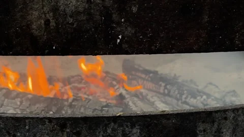 Wood fire view through rustic  iron frame Stock Footage 295744226