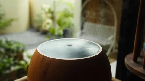 Wood Grain Aroma Diffuser Releasing Steam by a Window Stock Footage 340746495