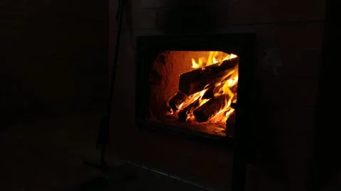 Wood heating in the fireplace in the evening Stock Footage 220557073