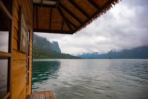 Wood house raft in Suratthani, Thailand. Stock Photos