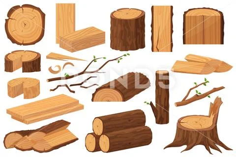 Wood industry raw materials. Realistic production samples collection. Tree trunk Stock Illustration