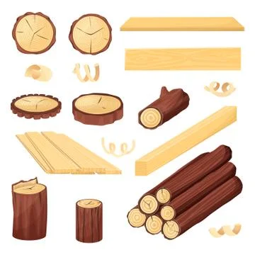 Wood logs, trunk and planks, vector sketch illustration. Hand drawn wooden ma Stock Illustration