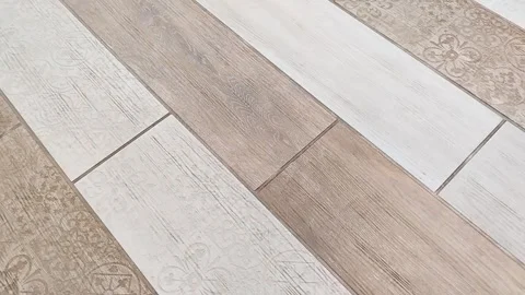 Wood look ceramic tiles light texture and patterns interior background Video stock 320832345