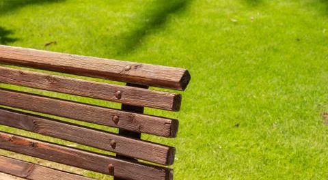 Wood material bench landscaping object shape vivid green grass meadow backgro 스톡 사진