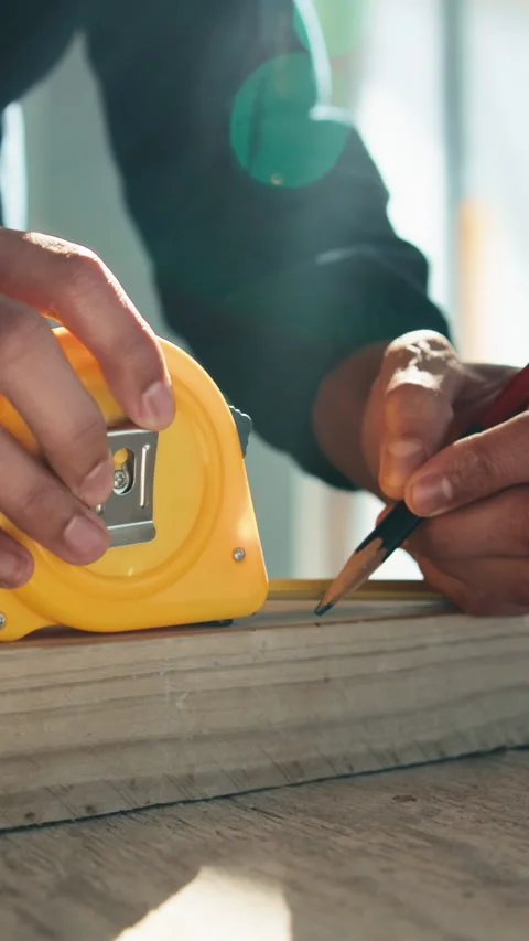 Wood, measuring and hands of carpenter in workshop for design process on Stock Footage 343491304
