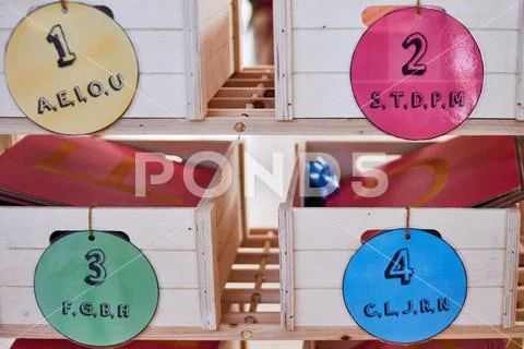 Wood Montessori pronunciation boxes Stock Photos