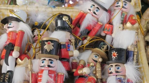 Wood Nutcracker toy, close-up. Dolls from the fairy tale are sold at Christmas Stock Footage 305749790