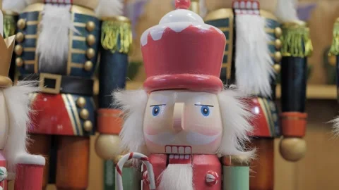 Wood Nutcracker toy, close-up. Dolls from the fairy tale are sold at Christmas Stock Footage 305750426