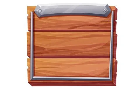 Wood panel with metal border, frame in cartoon style isolated on white Stock Illustration