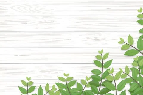 Wood plank pattern and texture with green leaves for natural  background. Stock Illustration