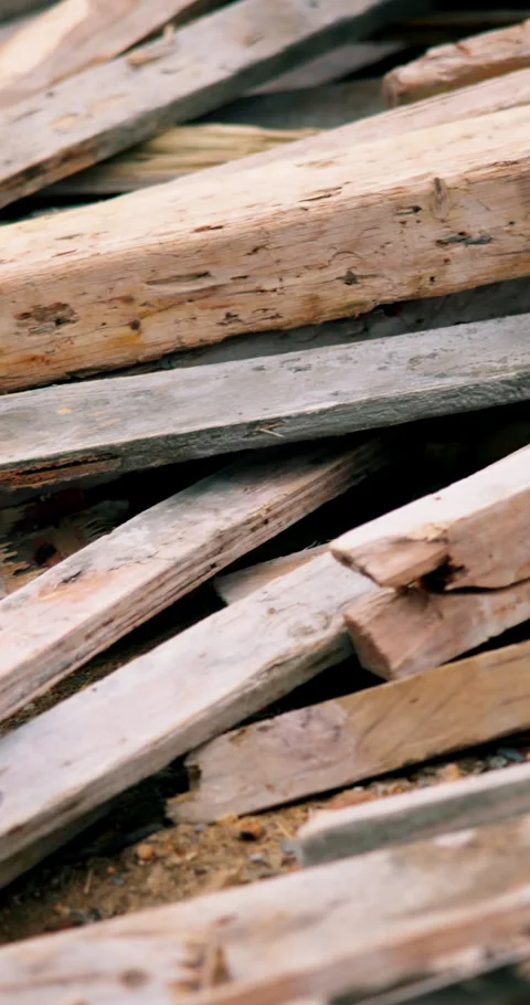 Wood, planks and broken material on construction site for demolition, mess or Stock Footage 340873546