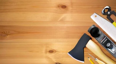 Wood processing, background. Tools of joinery craft or carpentry on workbench Stock Illustration