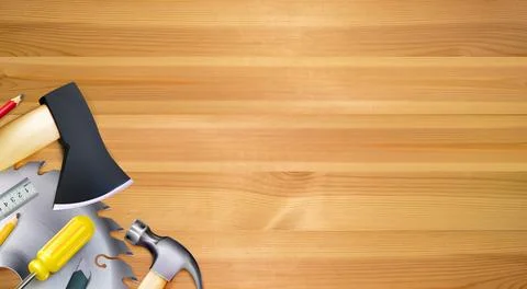 Wood processing, background. Tools of joinery craft or carpentry Stock Illustration