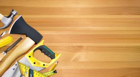 Wood processing, background. Tools of joinery craft or carpentry, composition 스톡 일러스트