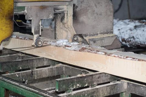 Wood processing. Cutting logs on the boards. In the winter process a tree. Stock Photos