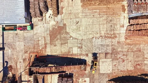 Wood processing facility shows a busy work area with logs stacked and equipment Stock Footage 341574466