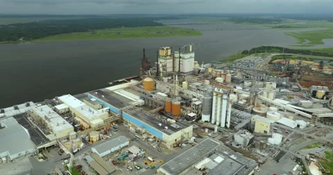 Wood processing factory manufacturing yard. Brunswick cellulose and paper plant Stock Footage 277515478