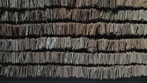 Wood processing factory, view from a height of a large number of logs harvested Stock Footage 217423381