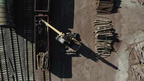 Wood processing factory, view from a height of a large number of logs harvested Stock Footage 218345516