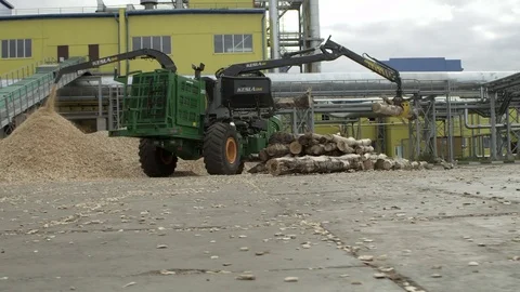Wood processing factory, woodchipper at work Stock Footage 71270920
