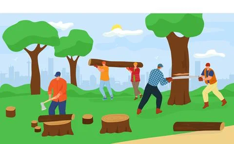 Wood processing at forest, vector illustration. Man worker character cutting out Stock Illustration