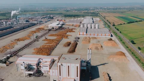 Wood processing plant with logs and sawdust from above Stock Footage 315168816