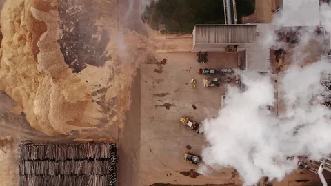 Wood processing plant pollutes the air with smoke coming from the pipe. Stock Footage 120601971