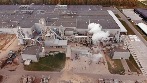 Wood processing plant pollutes the air with smoke coming from the pipe. Stock Footage 120601973