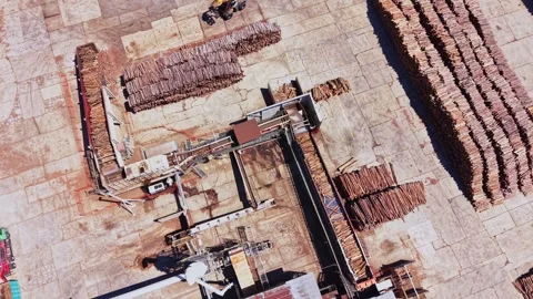 Wood processing site with stacked logs and machinery in operation Stock Footage 342604355