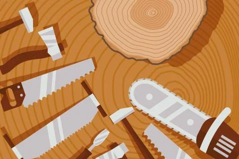 Wood processing tool, instrument for lumberjack, saw, hammer, axe, concept flat 스톡 일러스트