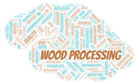 Wood Processing typography word cloud create with the text only. Illustrazione stock