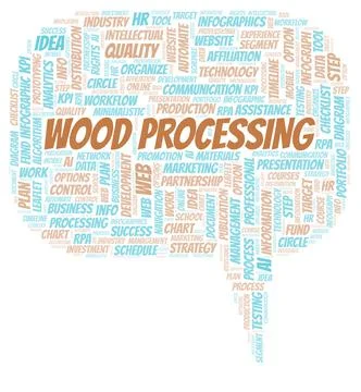 Wood Processing typography word cloud create with the text only. Illustrazione stock